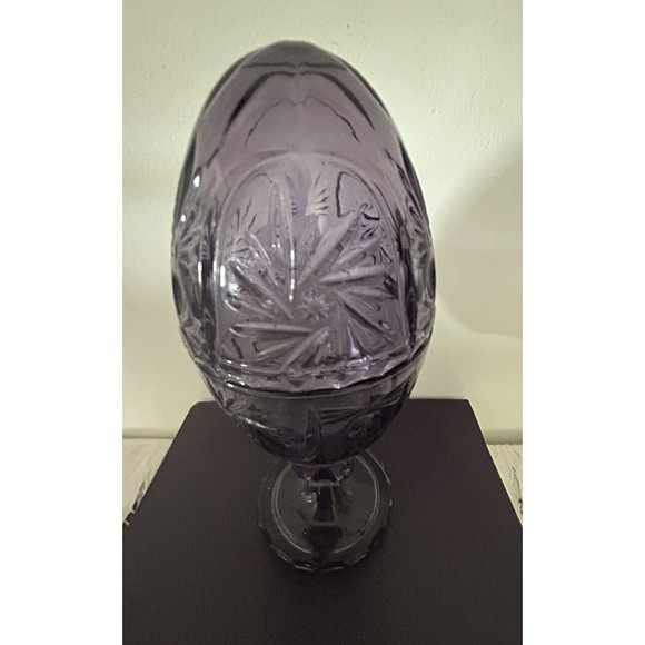 Vtg Victorian Trading Co Purple Glass Footed Egg Shaped Trinket Covered Compote - Picture 3 of 10